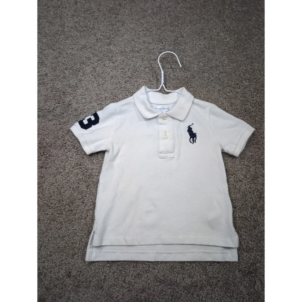 Ralph Lauren Kids White Big Pony Polo Shirt Navy Blue 3 Patch 18M‎ Short Sleeve